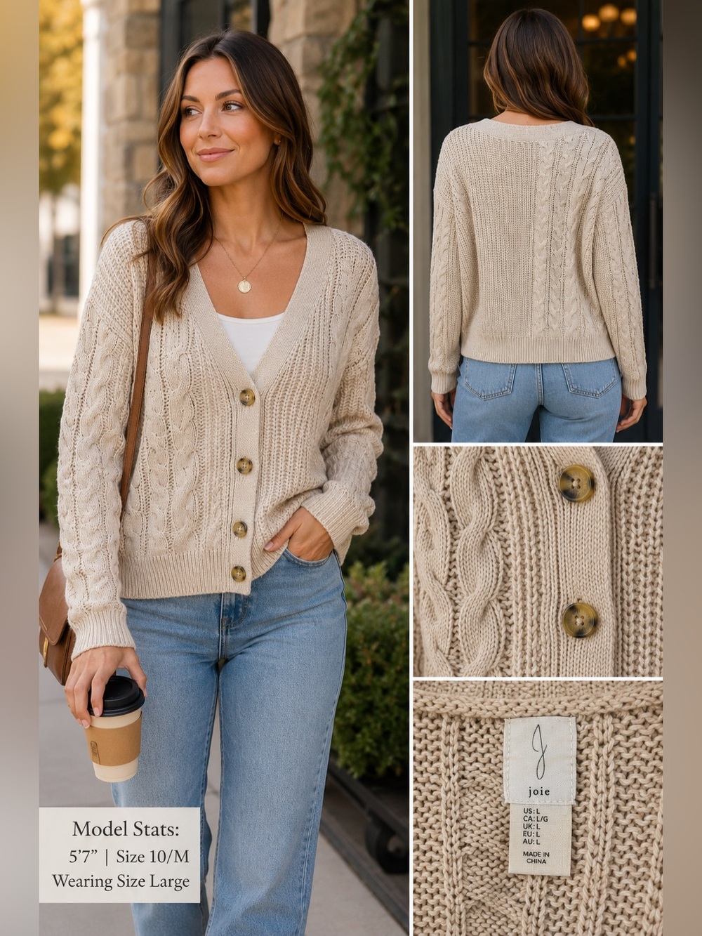 Joie Cable Knit Cardigan Sweater Womens Large Beige Cotton Blend Button Front